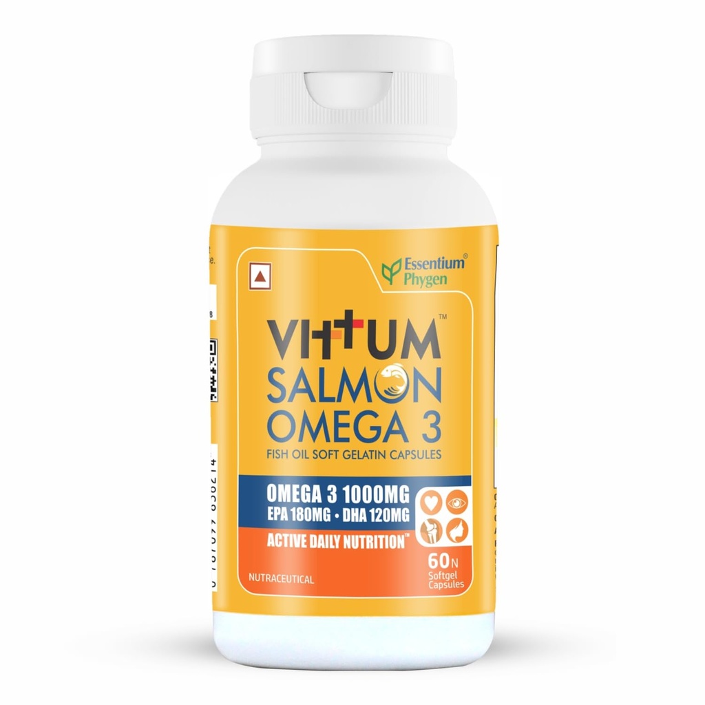 Vittum Omega 3 Salmon Fish Oil 1000 mg | EPA 180 mg + DHA 120 mg | Deep Sea Wild Fish Oil | Supports Heart, Brain & Eye Health | 60 Softgel Capsules
