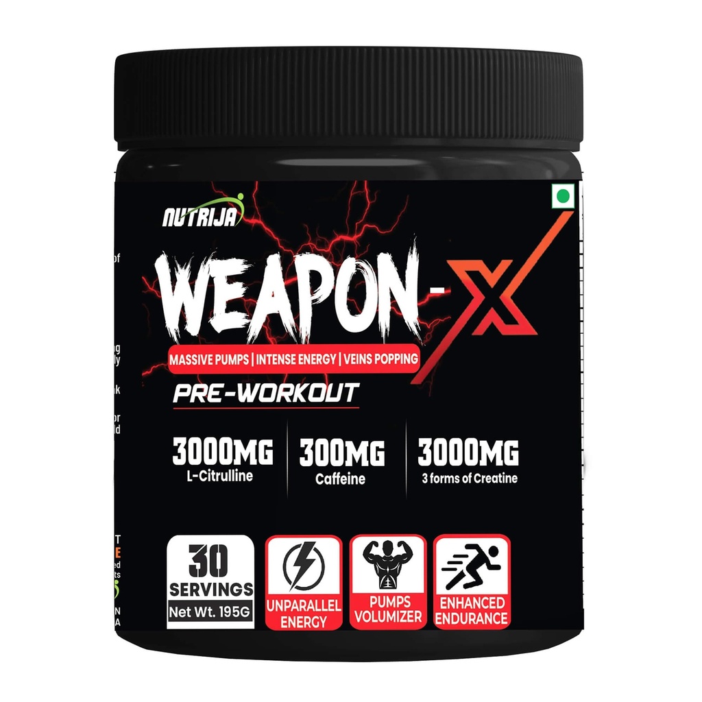 NutriJa Weapon-X Pre-Workout Powder with 20 Active Ingredients -3 Best forms of Creatine, AAKG, Beta-Alanine, Caffeinated | Pumps, Viens Popping, Energy, Focus & Strength (30 Servings (Lychee))