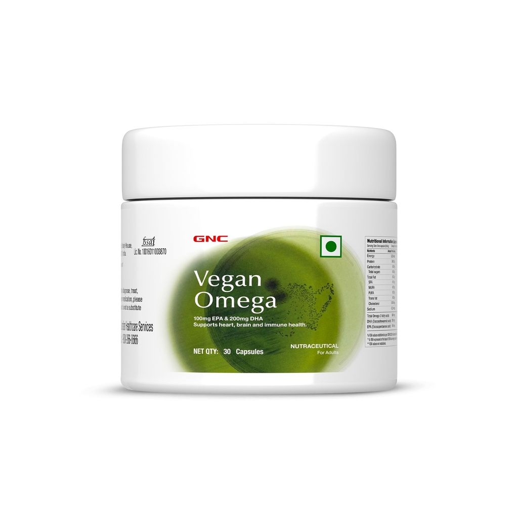 GNC Vegan Omega 3 | EPA + DHA from Microalgae | Plant-Based Omega 3 for Heart, Brain & Joint Support | No Fishy Burps | 100% Vegan | 30 Capsules