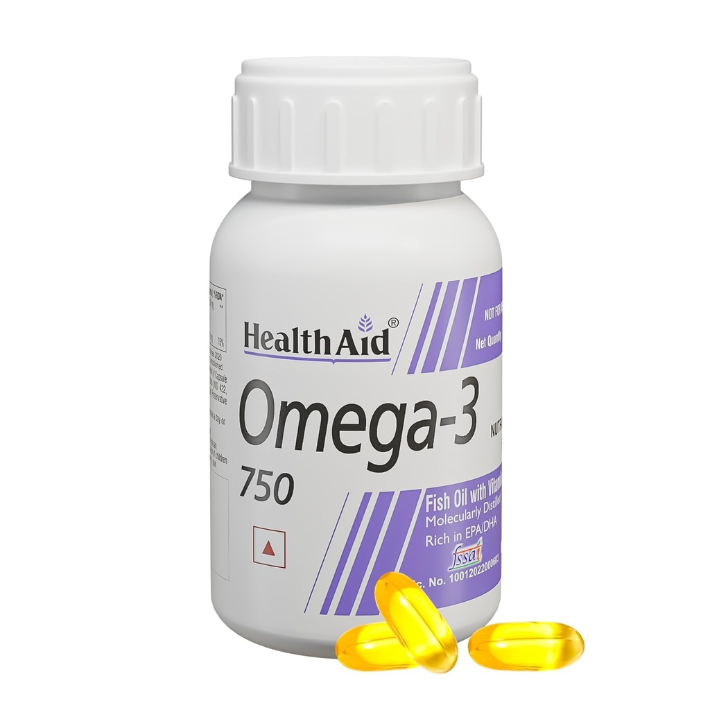 HealthAid Omega-3 Fish Oil Capsules with Vitamin E | 750mg Purified Fish Oil | Mercury-Free, No Fishy Burps | Supports Heart, Brain, Eye & Joint Health | 60 Softgels (Pack of 2)