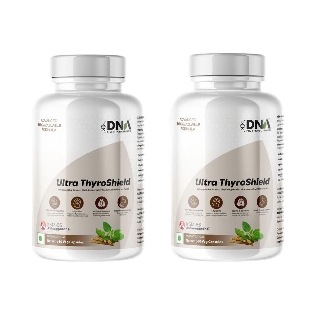 Ultra Thyroshield with KSM-66 Ashwagandha, L-Tyrosine, Selenium, Zinc, Vitamins D3 & B12, 120 Capsules (Pack of 2)