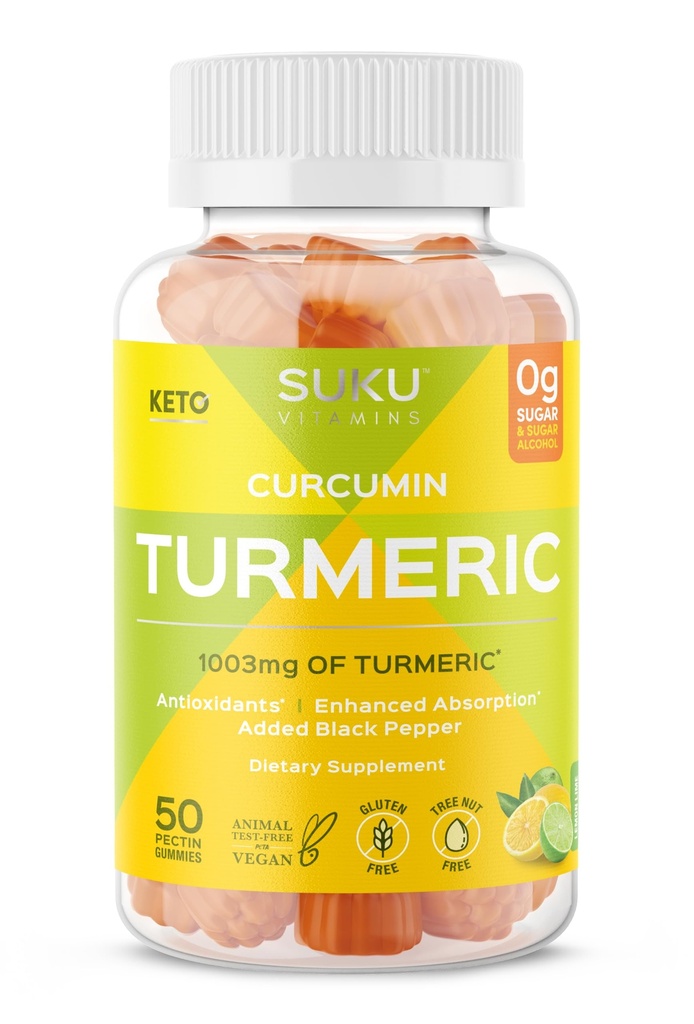 SUKU Turmeric Curcumin Sugar Free Gummies mit 1003mg Kurkuma - Schwarzer Pfeffer schützt Leber, verbessert Verdauung, Entzündungsreaktion & Gelenke Gesundheit – Lemon Lime Flavour (50 Gummi)