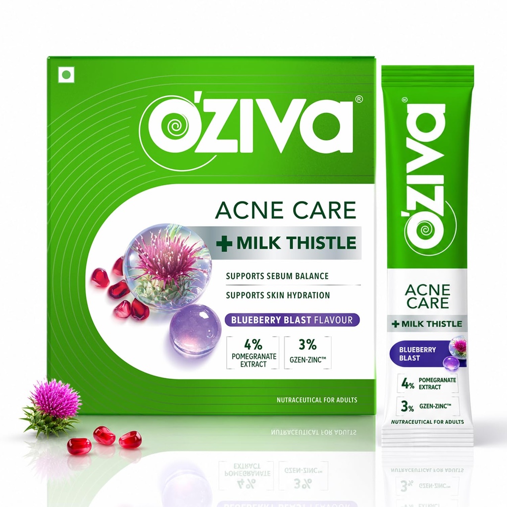OZiva Acne Care + Milk Thistle | Acne Supplements with Pomegranate Extract for Sebum Balance & Skin Hydration | Soothes Skin Inflammation with Milk Thistle | Blueberry Flavour | 30 Sachets