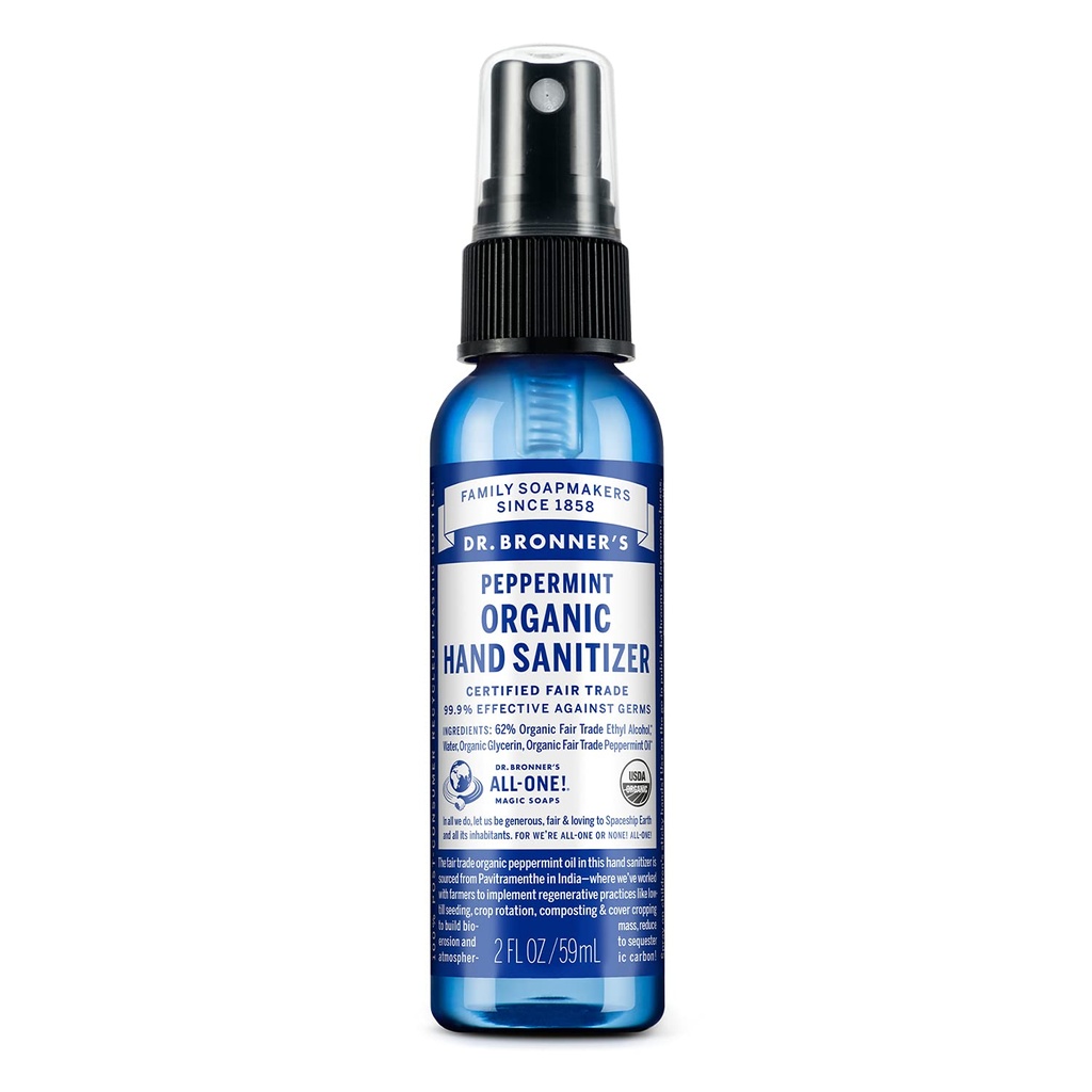 Dr. Bronner's - Organic Hand Sanitizer Spray (Peppermint, 2 Unzen) - Einfache und effektive Formel, Cleanses & Sanitizes, keine Harsh Chemicals, Moisturizes und Cleans Hands