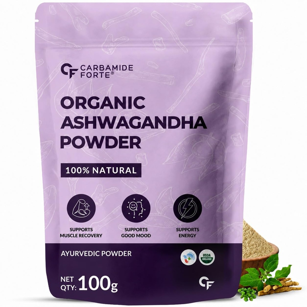 Carbamide Forte 100% Organic Ashwagandha Powder 100gm - Withania Somnifera | Pure Ashwagandha Powder Organic May Support Muscle Recovery & Boost Energy Level | USDA Certified Ashwagandha Supplements for Vitality, Strength & Stress Management | 100gm Powder