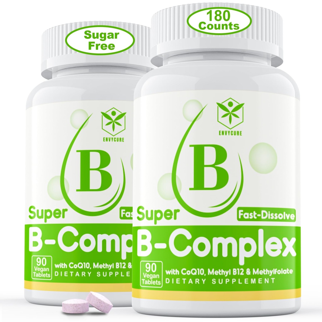 Complexe de vitamine B sans sucre avec le méthyl B12, le méthylfolate, B6, B1, B2, B3, Dissoudre rapidement le supplément complexe de méthyle B hautement biodisponible pour les niveaux d'énergie, système neuronal, végétalien,180 comprimés