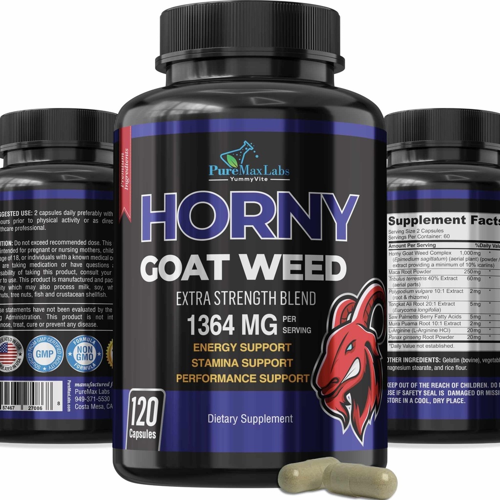 Horny Goat Weed Extra Strength -120 Kapseln w. Maca, L-Arginin, Ginseng - Boost Desire, Performance, Stamina, Energie, Non-GMO Formel, 120 Kapseln