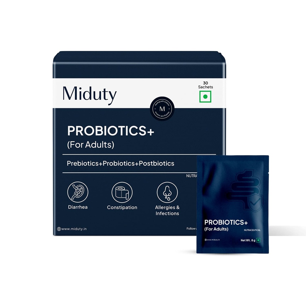 Miduty Probiotics+ with Postbiotic, Prebiotic & Probiotic | 14 Billion CFU, Sunfiber & Sodium Butyrate – Supports Gut Health, Bloating, Immunity, IBS, IBD & Indigestion for Adults – 30 Sachets