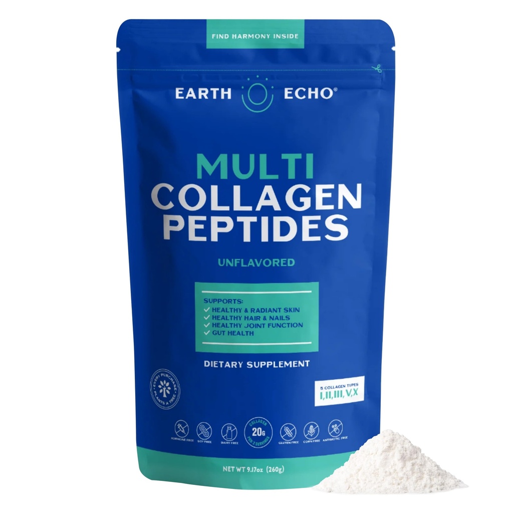 Earth Echo Multi Collagen Peptide, hydrolysiertes Kollagen mit Vitamin C und Hyaluronsäure, unterstützt Radiant Haut, Gesunde Gelenke, Gut Gesundheit und Immunfunktion, Dairy-Free, 26 Servierungen