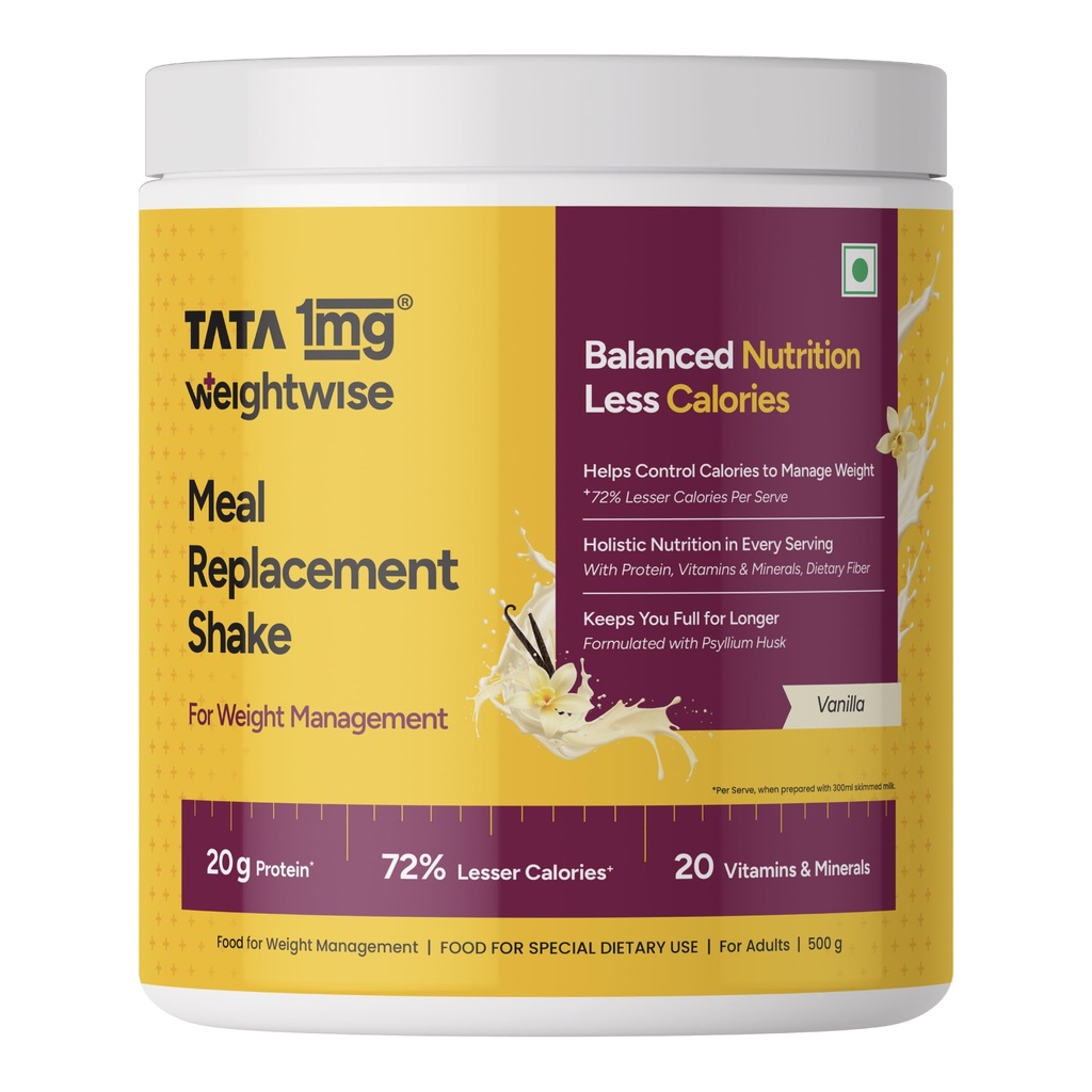 Tata 1mg Meal Replacement Shake – Vanilla |500g| 20g Protein, 20 Vitamins & Minerals, Psyllium Husk | 72% Fewer Calories | Weight Management |