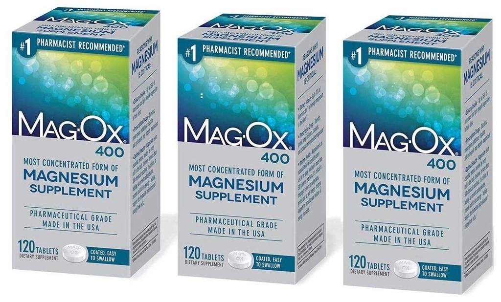 Mag-Ox 402 Mag-Ox 400 Magnesium Mineral Nahrungsergänzungsmittel Tabletten, 483 mg Magnesiumoxid-3 Zähler, 3-Pack, 3.0 Zähler