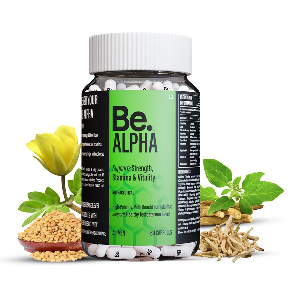 Be. Alpha Testosterone Support for Men | Daily Magnesium Supplement, Ashwagandha, Safed Musli, Fenugreek, Gokhshura & Ginseng | For Energy, Stamina, Vitality & Muscle Mass | (60 capsules)