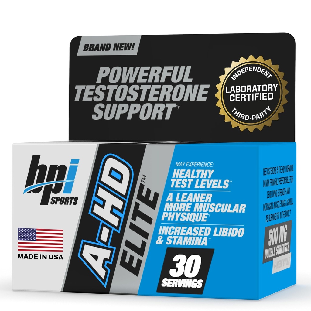 BPI Sports A-HD Elite – Potente Booster testosterone maschile per Stamina, Forza, Supporto sessuale – Supporta il muscolo, Libido & Metabolismo – Integratore di testosterone naturale – 30 Serve – 500mg