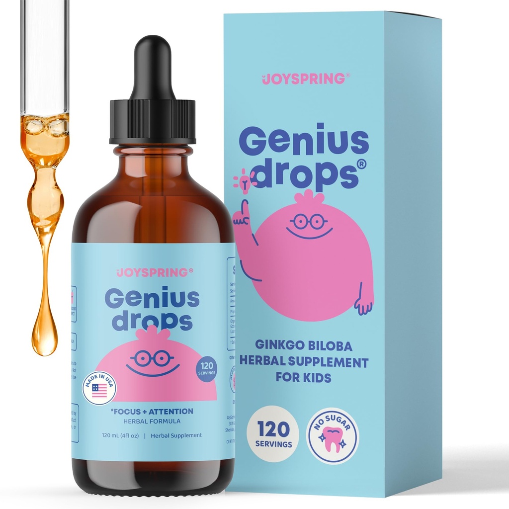 JoySpring Genius Drops - Gocce di messa a fuoco organiche per bambini | Integratore di messa a fuoco clinicamente provato aiuta i bambini a migliorare nella scuola | Integratore di erbe liquido con Ginkgo Biloba (4 fl oz) 120 Serve