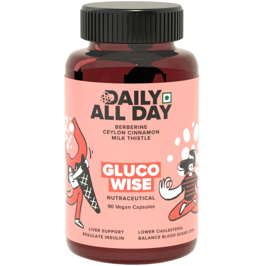 Gluco Wise Berberine Capsules with Ceylon Cinnamon & Milk Thistle Berberis Aristata Daruhaldi Supports Healthy Blood Sugar, Cholesterol & Liver Detox Ayurvedic 90 Vegan Capsules Pack of 1