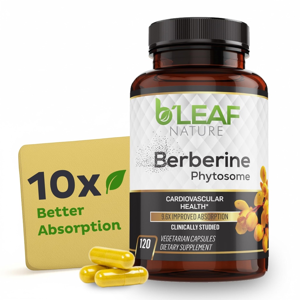 B’Leaf Nature Berberine Phytosome, 120 Kapseln – 1100mg Berberine Ergänzung für Stoffwechsel und Herz-Kreislauf-Unterstützung – Vegan, Glutenfrei, Non-GMO Berberine Phytosome Kapseln für Immune Wellness