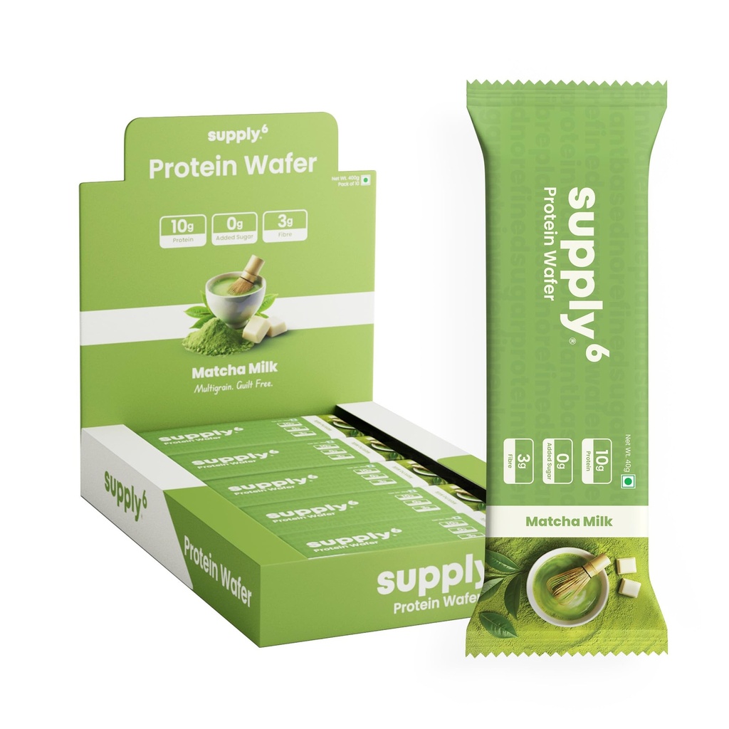 SUPPLY6 Protein Wafer Bars | Pack of 10 | Multigrain Crunchy Wafer | Vegetarian | 10g Protein | 3g Fiber | No Added Sugar | 400 G (Matcha)