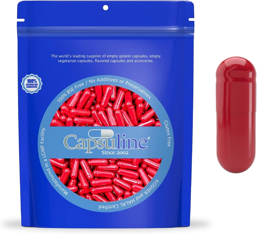 Capsuline Größe 0 - Farbige rote leere Gelatine Kapseln - 500 Graf - Leere Gel Pillen Kapseln - DIY reine Bovine Pille Füllung - Leere Kapseln - Kosher und Halal zertifiziert