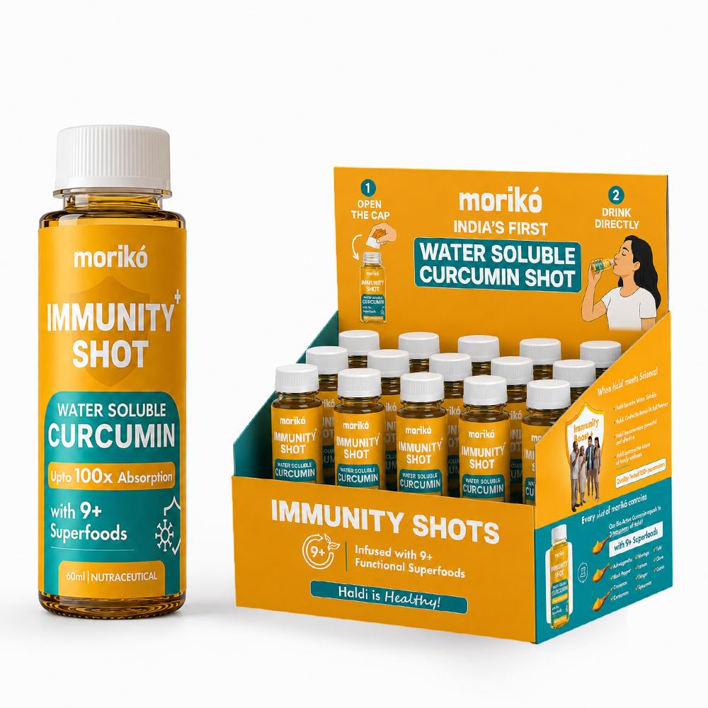 Moriko Immunity Shots | Water Soluble Turmeric Curcumin Shots with Moringa, Tulsi, Ginger, Ashwagandha and more | Supports Immunity, Metabolism, Heart Health, Oxidative Stress, Anti Inflammation | Natural & Pure (Pack of 6)