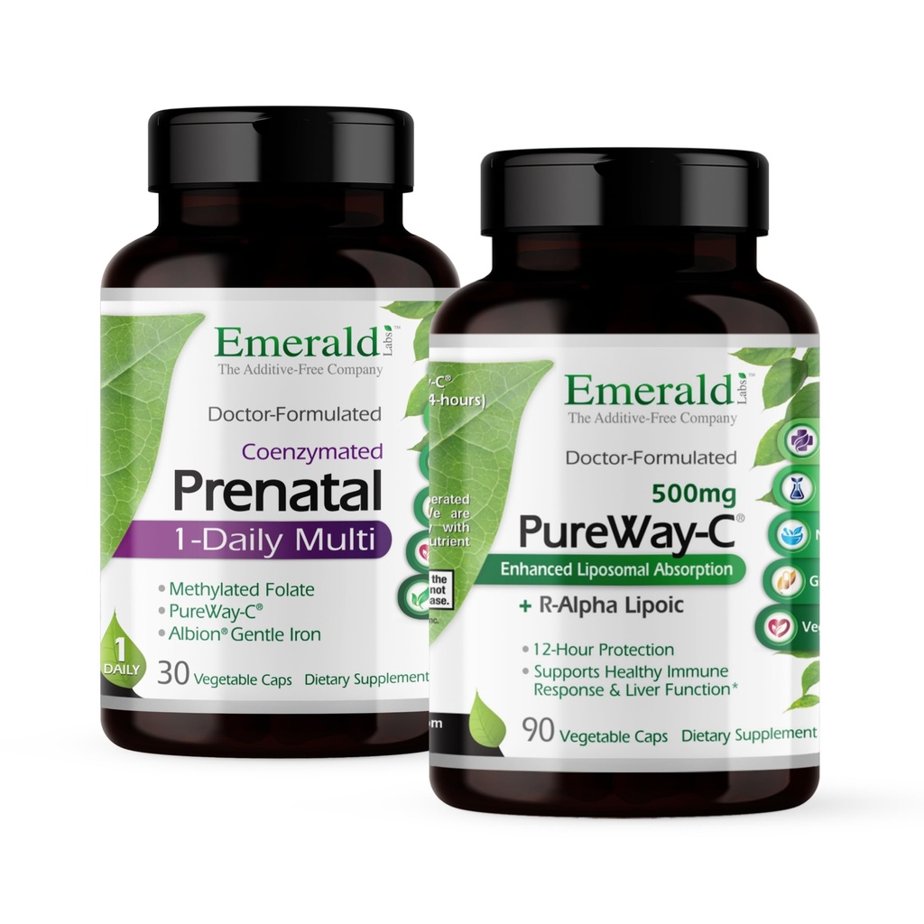 Emerald Labs Bundle mit Prenatal 1-Daily Multi (60 Veg Caps) & PureWay-C (90 Veg Caps) - Pränatales Multivitamin mit methyliertem Folat, Eisen & More* - Vitamin C Supplement mit R-Alpha Lipoic Acid*