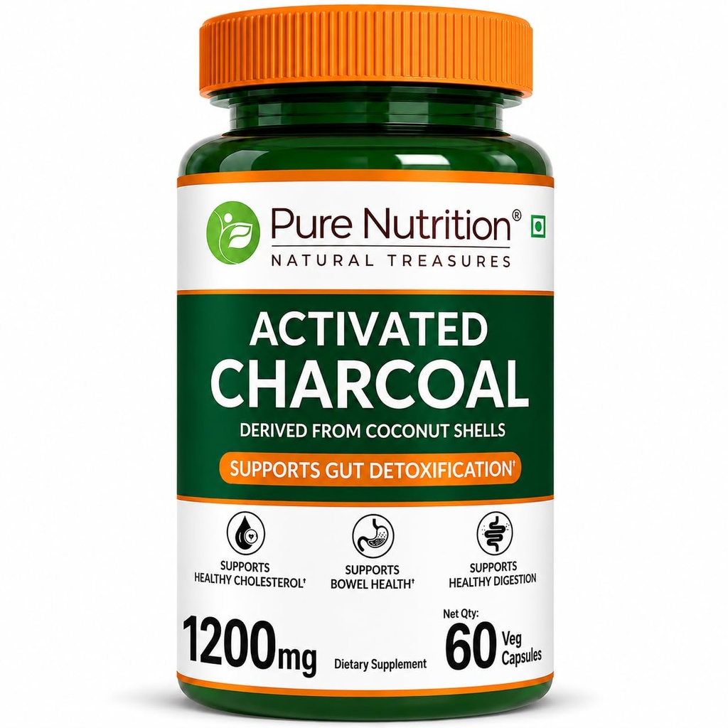 Pure Nutrition Activated Charcoal Capsules 1200mg | Activated Charcoal Powder Capsule for Natural Detox, Gas Relief, Bloating, Digestion & Gut Health Support | Coconut Shell Derived Active Charcoals Capsule | Plant Based Digestive Wellness Supplement for Men & Women – 60 Veg Capsules