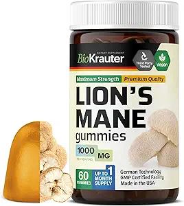 BIO KRAUTER Lions Mane Gummies per gli adulti - 1000 mg di resistenza - 60 Vegan Mushroom Supplemento Chews - Lions Mane Supplemento per il cervello - Gelatine-Free