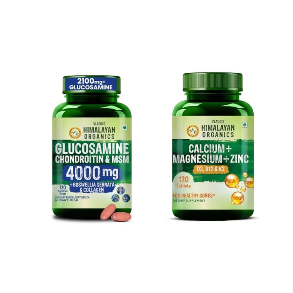 Vlado's Himalayan Organics Glucosamine Chondroitin MSM with Calcium Magnesium Zinc, Vitamin D3, B12 & K2 | Joint, Cartilage, Bone & Mobility Support | Vegetarian Supplement Combo Pack for Men & Women