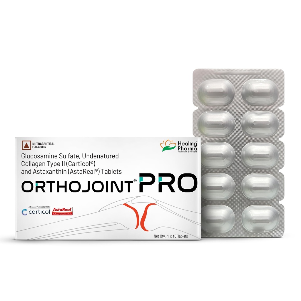 Healing Pharma - Orthojoint Pro Tablets For Joint Pain, Cartilage Repair & Mobility With Glucosamine Sulfate 1500mg, Collagen (Carticol®) & Astaxanthin (AstaReal®) - 1 x 10 Tablet