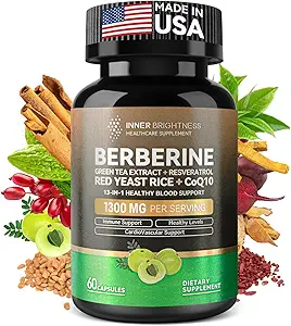 Berberina 1300mg con Estratto di tè verde, Resveratrolo, Riso di lievito rosso & CoQ10 – Sanità immunitaria 13-in-1, Supporto metabolico naturale – 60 capsule – Non OGM, Lab Tested