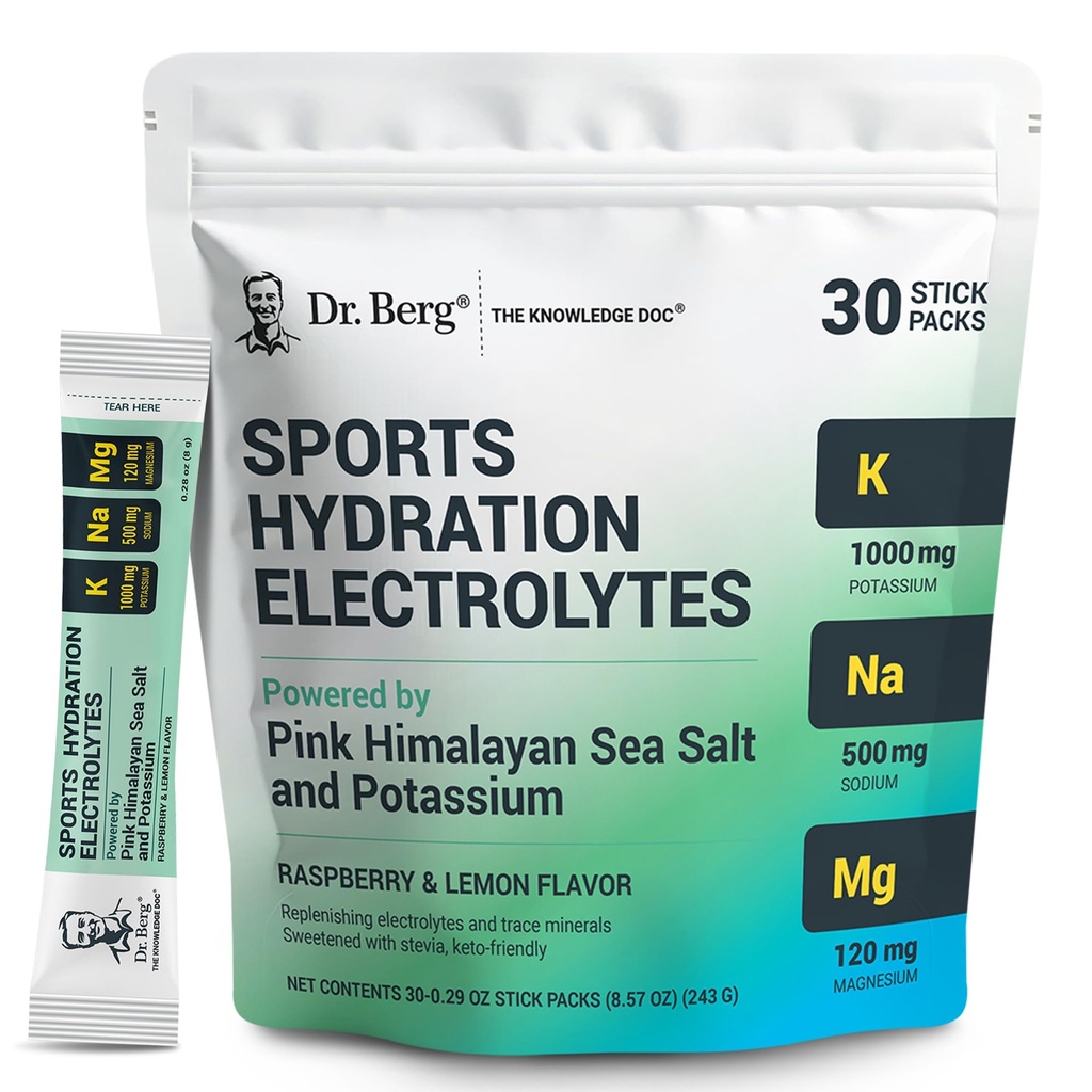 Dr. Berg Sports Hydration Electrolytes Powder w/More Salt (Pink Himalayan) - 30 Keto Electrolytes Powder Packets w/a Delicious Salty Raspberry & Lemon Flavor - Include 1.000mg di Potassium