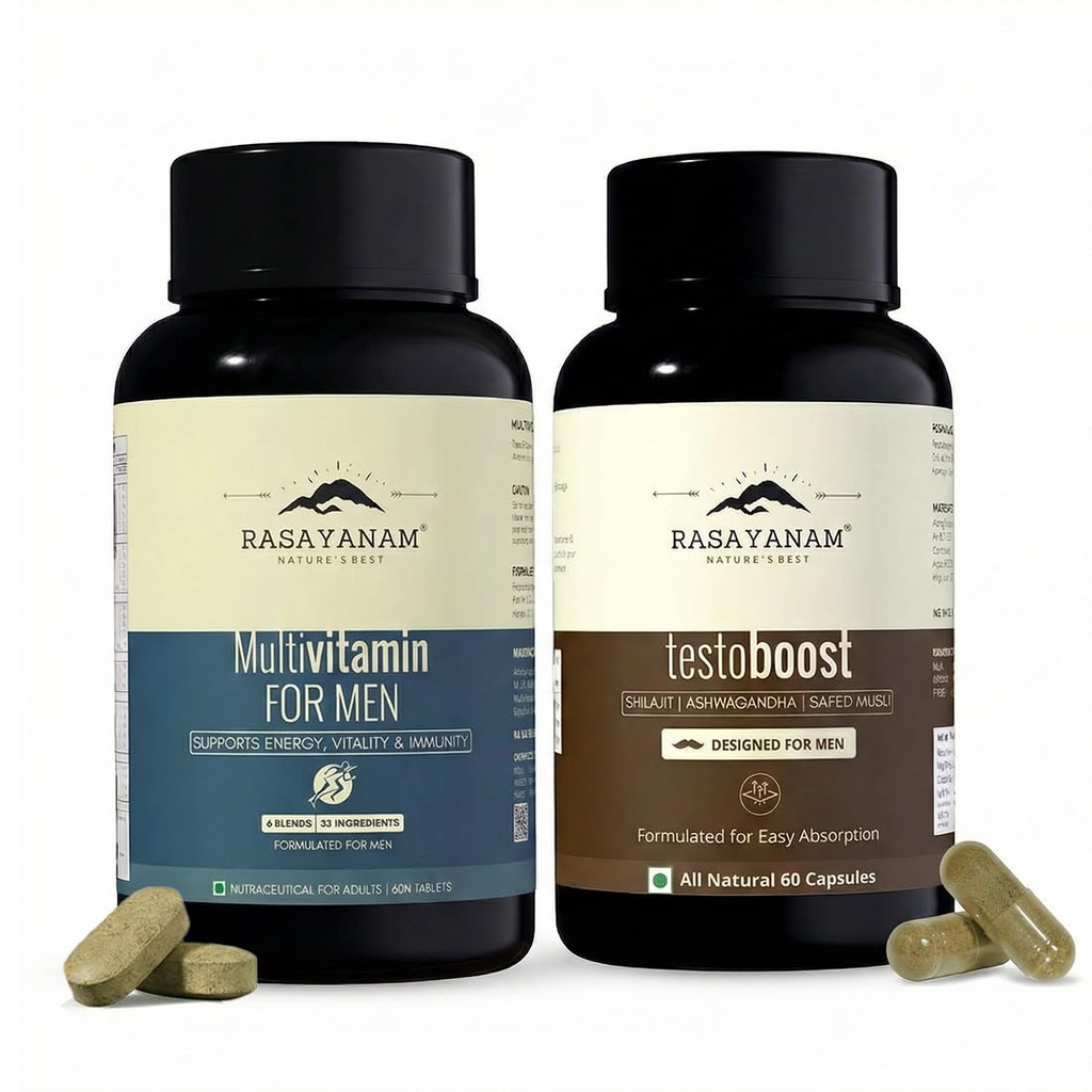 Rasayanam Multivitamin for Men + Testoboost Combo | Formulated for Men’s Performance | All-Day Energy, Strength, Stamina & Recovery | 60 Multivitamin Tablets & 60 Testoboost Capsules