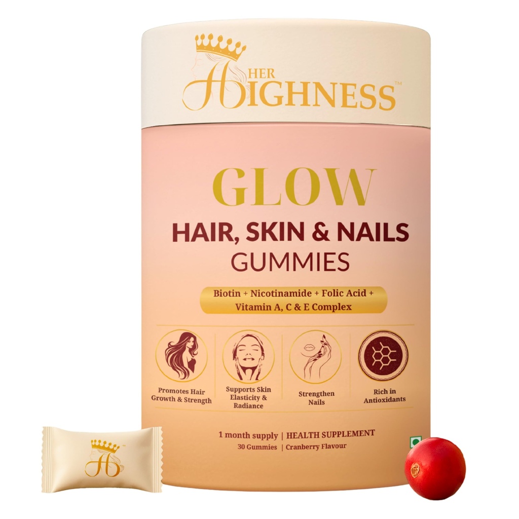 Her Highness GLOW Hair Skin & Nails Gummies for Women | 30 Gummies | Biotin, Vitamin B Complex, Vitamins A, C, D, E, Folic Acid, Nicotinamide | Healthy Hair, Radiant Skin & Strong Nails Support | No Added Sugar | No Added Preservatives | 100% Veg | Cranberry Flavour