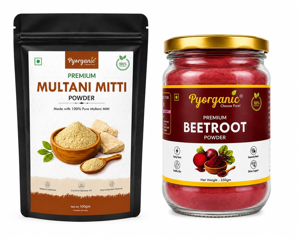 Pyorganics 250g Organic Beet Root Powder (Free Multani Mitti Pack) For Drinking, Lips Care Beetroot Juice, Red Beet Powder Super Beets Blend Natural Organico for Smoothies, Energy & Daily Wellness