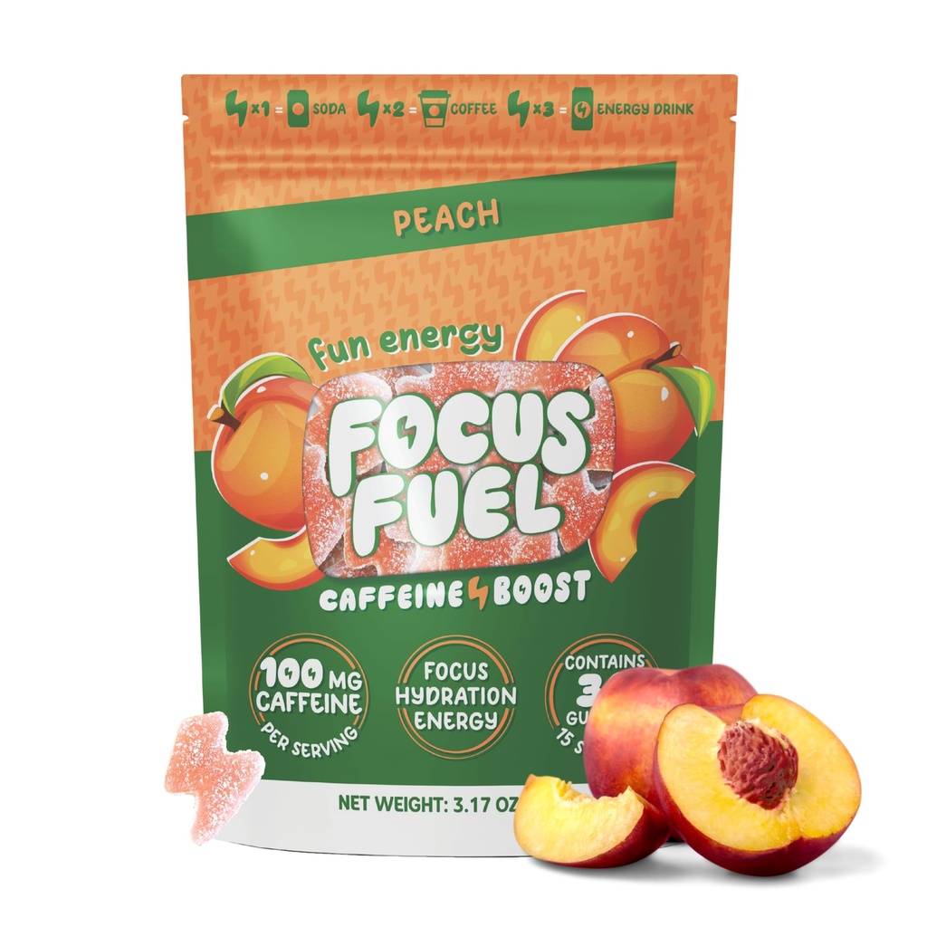 FocusFuel Energy Chews – Peach Flavor (15 portions) – 100mg Caféine + Alpha GPC+ L-Theanine + B12, Magnésium – Focus et énergie en douceur – Pas de crash ou de jitters