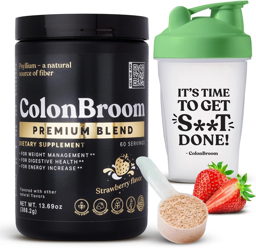 Polvere di Husk di Psyllium Premium di ColonBroom (Strawberry, 60 Servings) + Bottiglia di Shaker per polvere di fibra di colon Broom Bere Bundle - Pulitura del colon per la salute di Bloating Relief & Gut - Supplemento di polvere di fibra