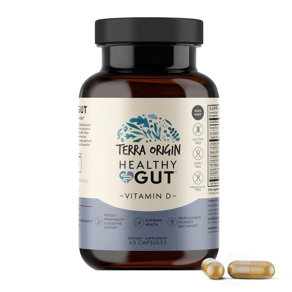 TERRA ORIGIN Gesundes Gut mit Vitamin D 5000 IU | 60 Kapseln | Gut Gesundheit Ergänzungen für Männer und Frauen | Unterstützt Verdauung und Gas
