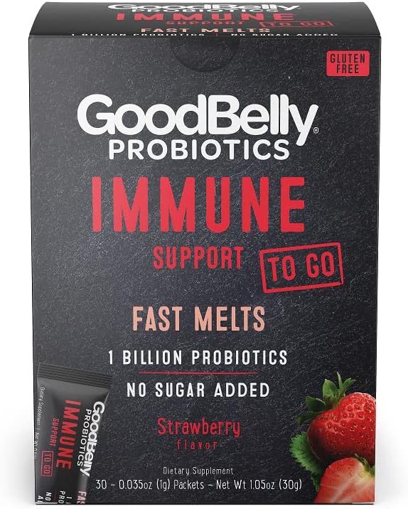 GoodBelly® Melts rapides – Soutien immunitaire - Poudre probiotique végétalienne pour le soutien immunitaire - 1 milliard de cultures vivantes et actives - Saveur aux fraises (30 paquets sur le pouce)