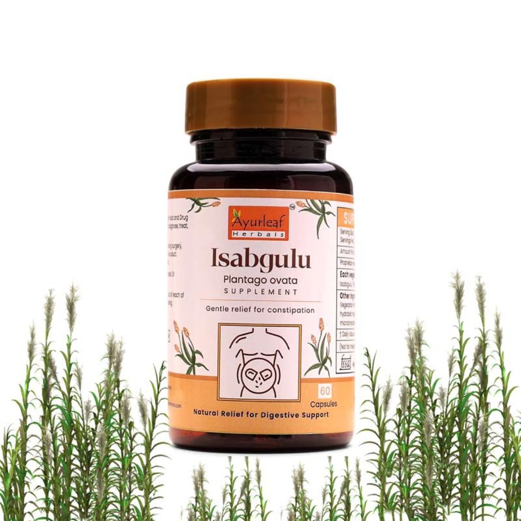 Ayurleaf Herbals Isapgulu Husk Capsules | For Better Digestion, Fiber Supplement & Constipation | 100% Natural Herbal supplement (60 Capsules)