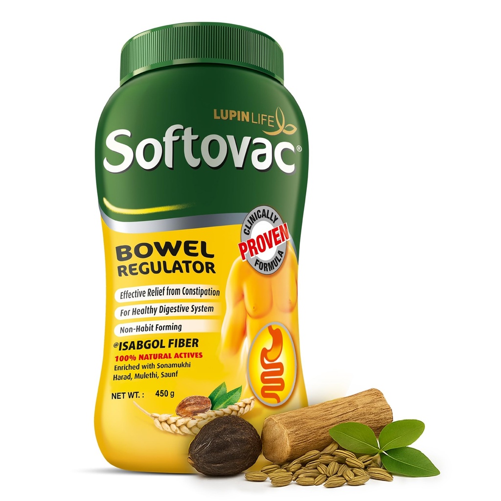 Softovac Isabgol Fiber Plus+ Natural Actives 450g | Psyllium Husk | Complete Relief from Constipation | Gentle on Stomach, Boosts Gut Health - Natural Bowel Regulator for Adults