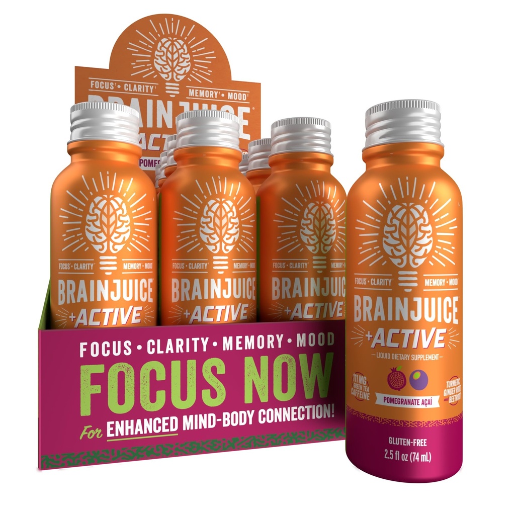 BrainJuice Brain Support Shot, Gluten Free Supplement Shots for Energy & Focus, Healthy Drinks with Alpha GPC, Vitamin B, 2.5 fl oz, 12 Pack (Active Pomegranate Acai)