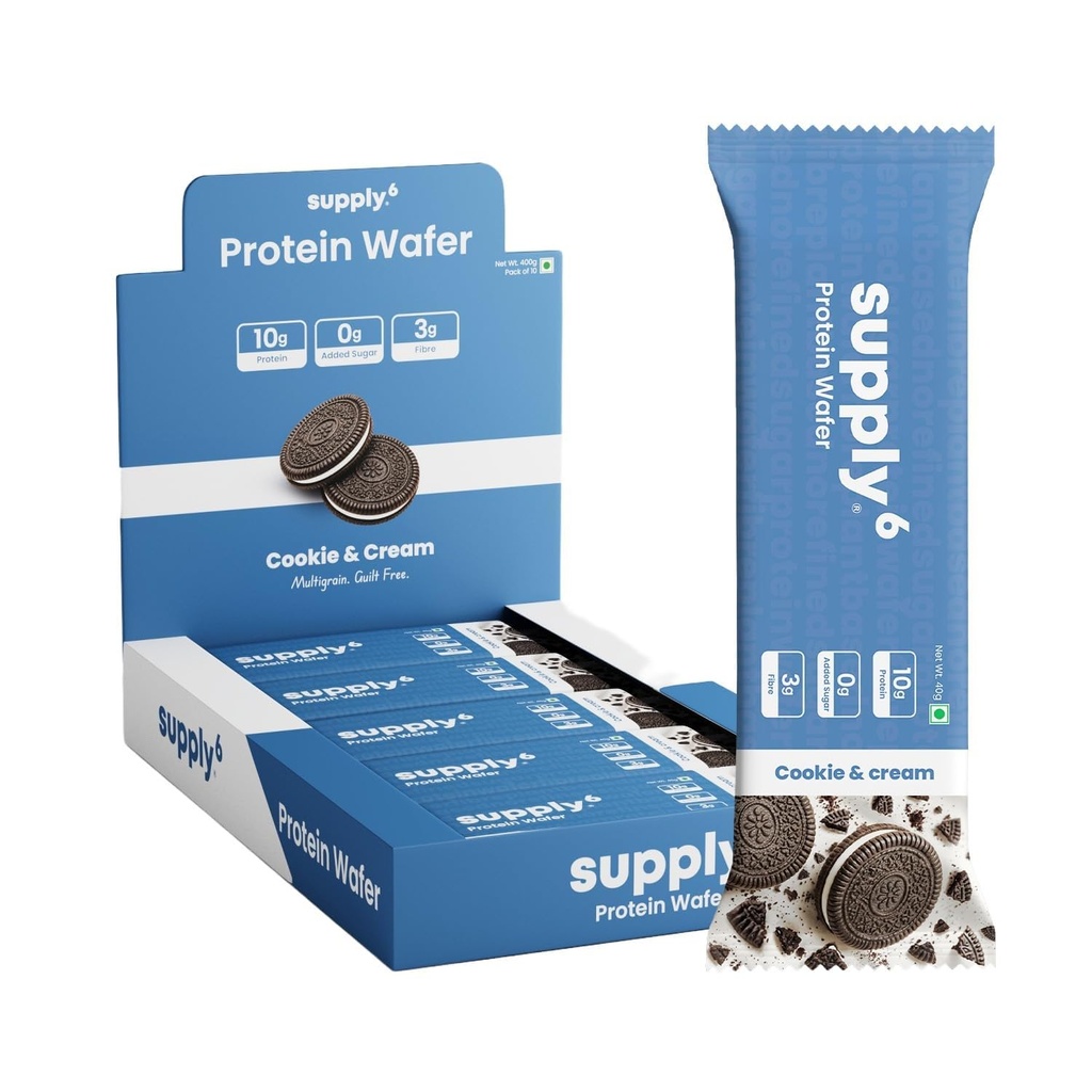 SUPPLY6 Protein Wafer Bars | Cookie & Cream Flavor | Pack of 10 | Multigrain Crunchy Wafer | Vegetarian | 10g Protein | 3g Fiber | No Added Sugar | Pea Protein Based | 400 G
