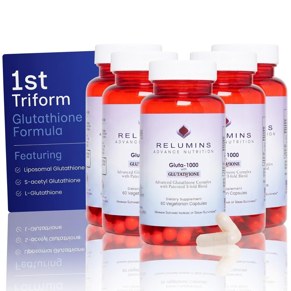 Relumins L Glutathione Supplement Complex - Glutathione ridotto 1000mg con Alpha Lipoic Acid & Rose HIPS Capsule per Pelle Nutrita & Smoother, 60 Caps x 5 Bottiglie