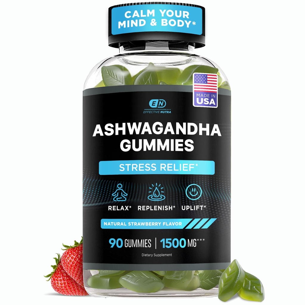EFFECTIVE NUTRA Ashwagandha Gummies 1500mg | Stress Relief, Immununterstützung, ruhige Stimmung, Energie | Natürliche Berry Flavor | 45-Day Supply | Vegan, Gluten-frei, Non-GMO | Supplement für Männer und Frauen (90ct)
