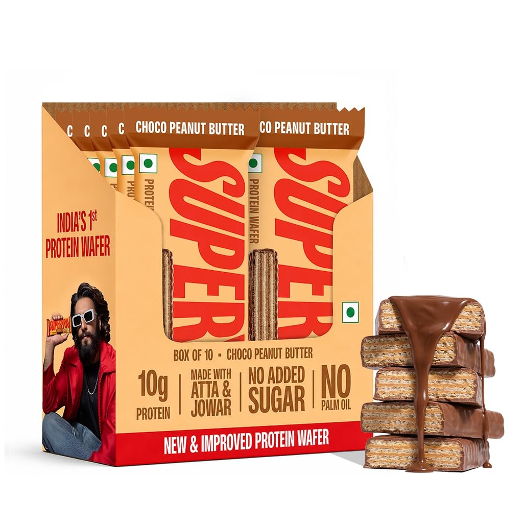 SuperYou 10g Protein Wafer Bar | Choco Peanut Butter | 10g Protein | Pack of 10 | Made with Atta & Jowar | No Added Sugar | No Trans Fat | No Palm Oil | Fermented Yeast Protein | Energy Bar | 3g Fiber | 100% Vegetarian