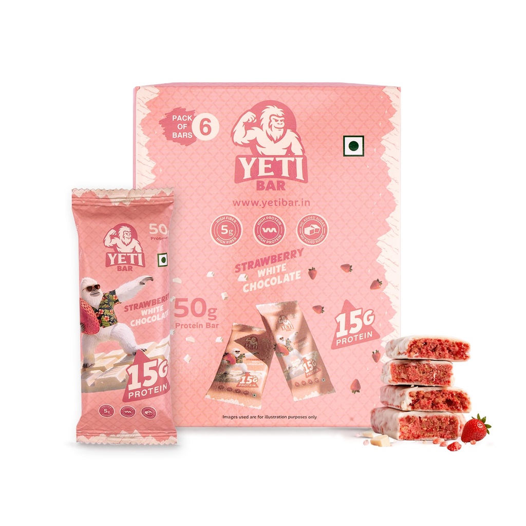 Yeti Bar High Protein Bar | Strawberry White Chocolate (Pack of 6) | 15g Protein | No Added Sugar | 4.85g Fibre | 50g
