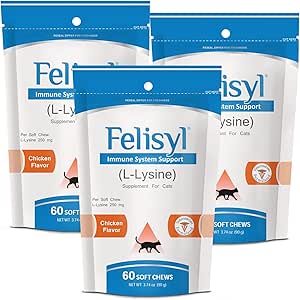 L-Lysine Soft Chews pour chats (60 Soft Chews) – soutient la santé immunitaire, respiratoire et oculaire. Éternuement, nez runny et yeux aqueux. Saveur de saumon savoureux - (3 paquets)