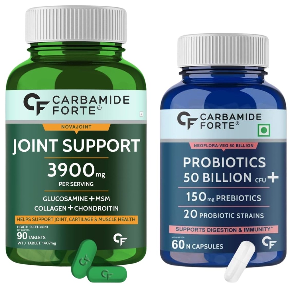 Carbamide Forte Glucosamine & Chondroitin MSM - 3900mg Per Serving – 90 Tablets & Carbamide Forte Probiotics Supplement 50 Billion for Women & Men – 60 Veg Capsules