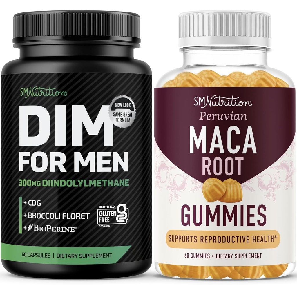 SMNutrition Maca Root Gummies & 300mg DIM Ergänzung für Männer für Testosteron und Leistungsunterstützung | Invigorating Maca Gummies Complex (30 Servierungen) mit DIM-Komplex für Männer (60 Servietten)