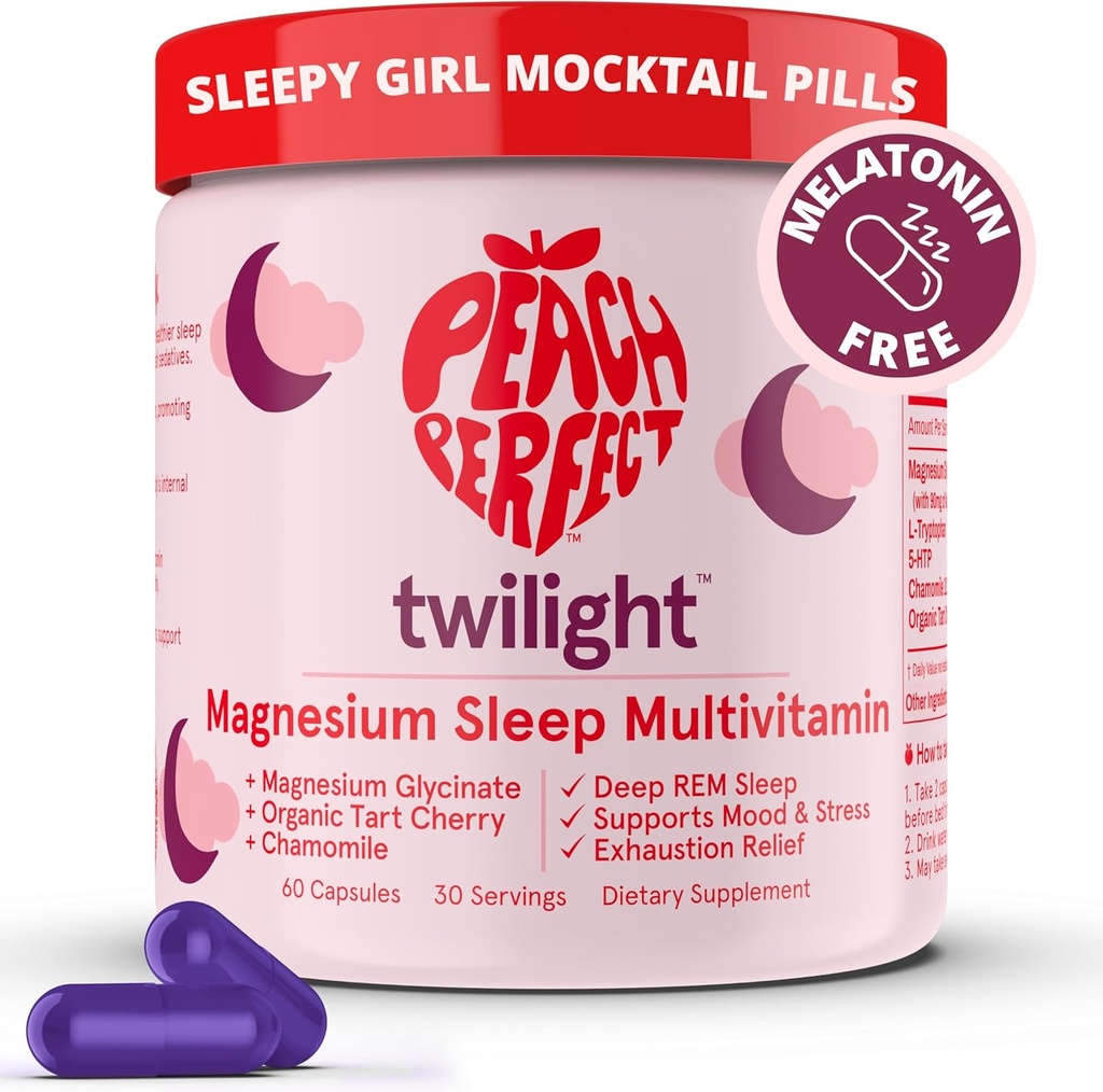 Peach Perfect Twilight Magnésium Glycinate Sommeil Multivitamine Magnésium Supplément avec Tart cerise biologique, camomille, 5-HTP, L-Tryptophane, Sleepy Girl Mocktail naturel, 60 capsules, 30 portions