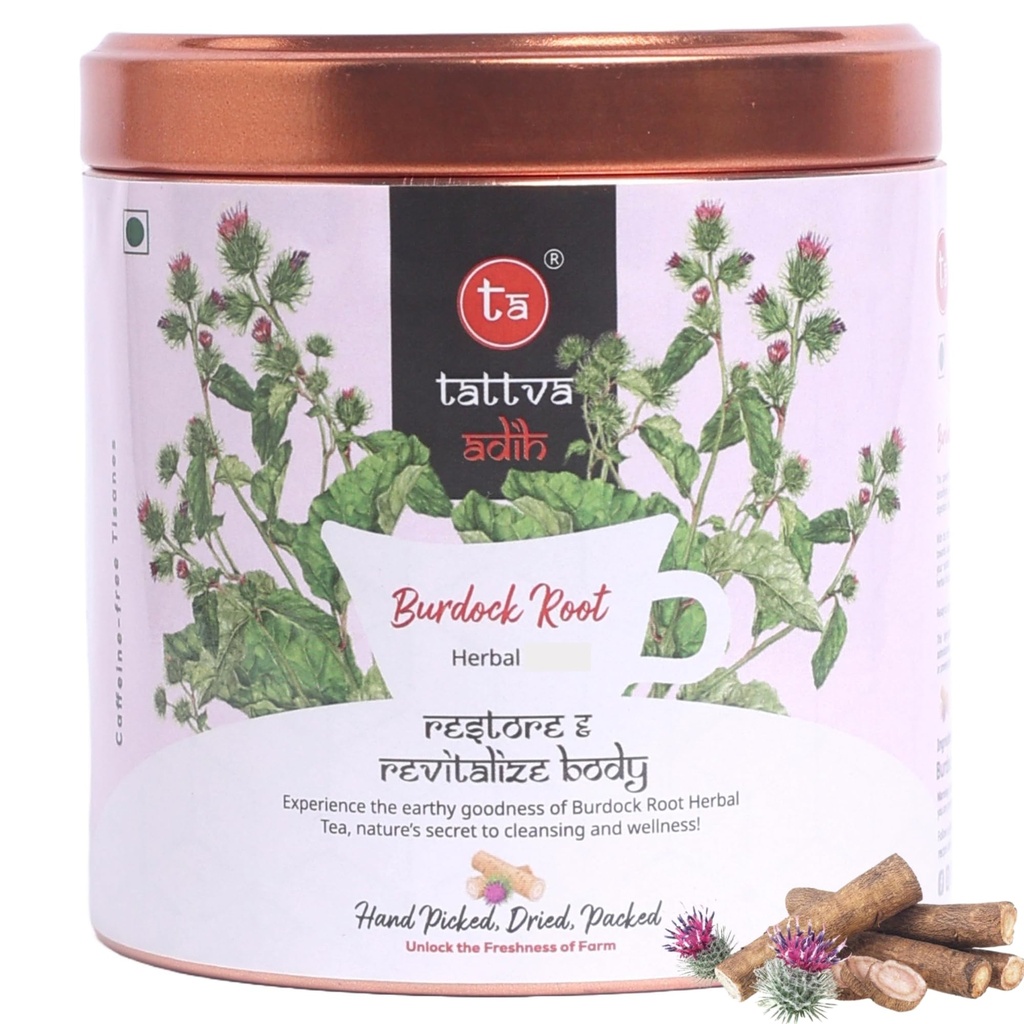 Tattva Adih Burdock Root Drink 60g, 40+ Cups | Natural Herbal for Skin Health, Digestion & Liver Support | Caffeine-Free Dried Powder in Airtight Tin (60 g, Burdock Root Drink)